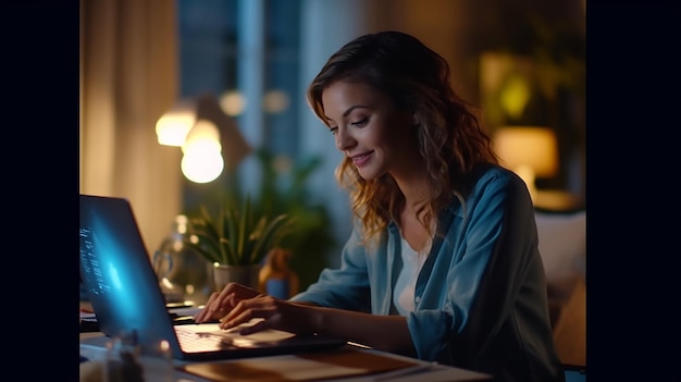 Donna di affari felice che lavora al computer portatile mentre si siede al tavolo in ufficio a casa