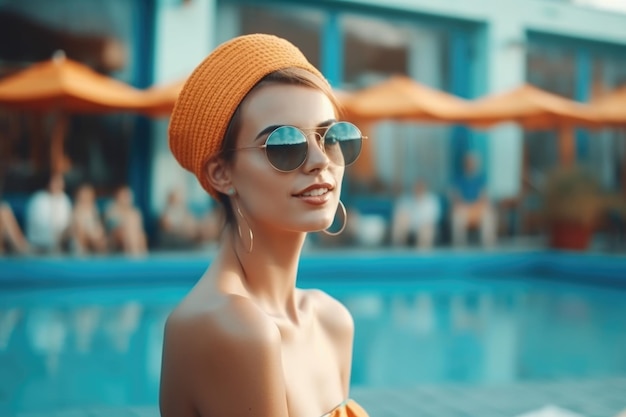 donna di bellezza in cappello e occhiali da sole che si gode le vacanze estive in piscina IA generativa