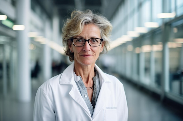 donna di cinquant'anni che indossa un cappotto da laboratorio contro uno sfondo di laboratorio moderno