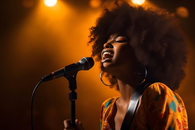 Donna di colore che canta una canzone sul palco in un microfono