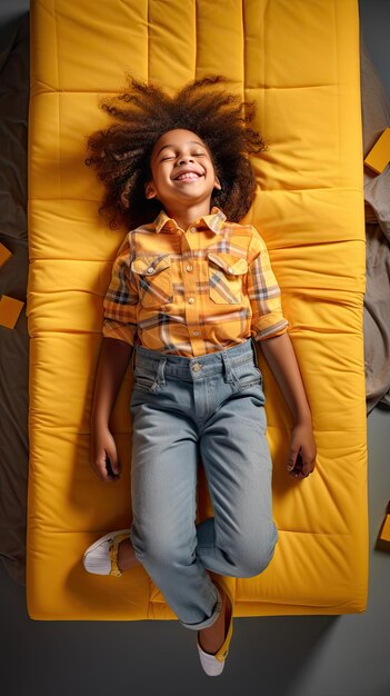 Donna di colore che dorme sorridente sul materasso