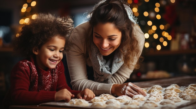 Donna di colore che prepara i biscotti di Natale mentre è in piedi accanto a un ragazzo e tiene in mano una teglia xA