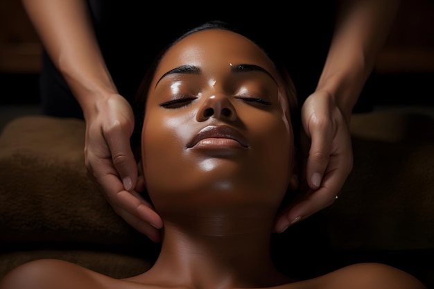 Donna di colore che riceve massaggi e trattamenti viso presso spa di lusso