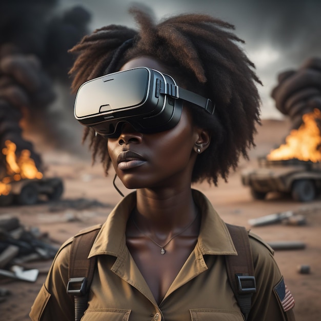 Donna di colore con visore VR su sfondo di guerra IA generativa