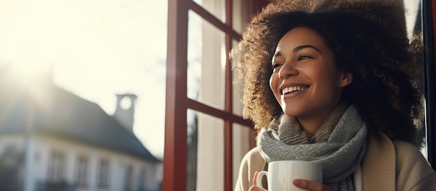 Donna di colore sorridente che gode del caffè a casa rilassata e felice vicino a una finestra