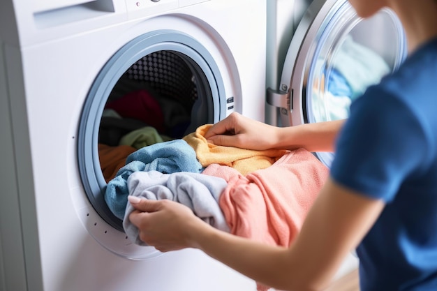 Donna di comodità domestica nel bucato di caricamento di lavoro domestico casuale