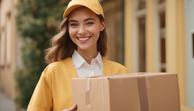 donna di consegna sorridente in uniforme giallo e berretto che tiene una scatola di cartone all'aperto