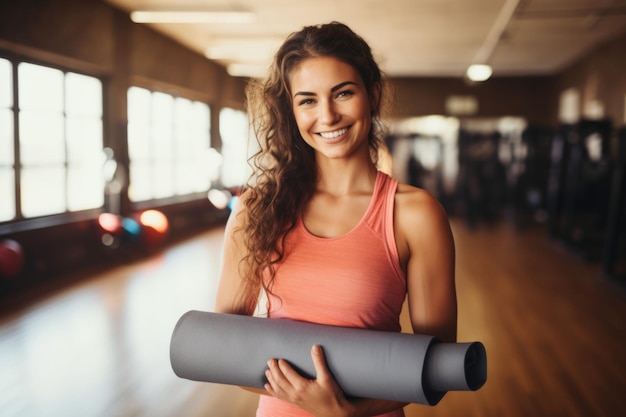 Donna di fitness con un tappetino da yoga al centro di allenamento