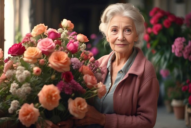 donna di giorno vecchia donna che posa con un bellissimo fiore