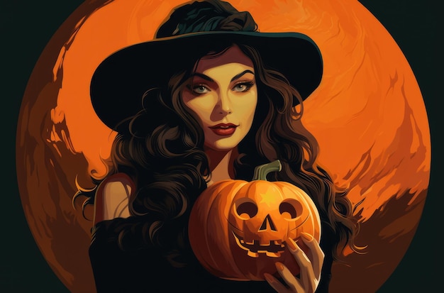 Donna di Halloween con una zucca tra le mani Immagine del concetto di Halloween