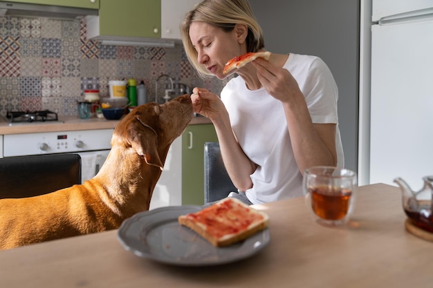 Donna di mezza età che fa colazione con l'amato cane a casa condividendo la vita con l'animale da compagnia