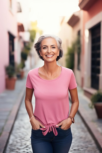 donna di mezza età con i capelli grigi sorridente maglietta rosa giorno di sensibilizzazione al cancro