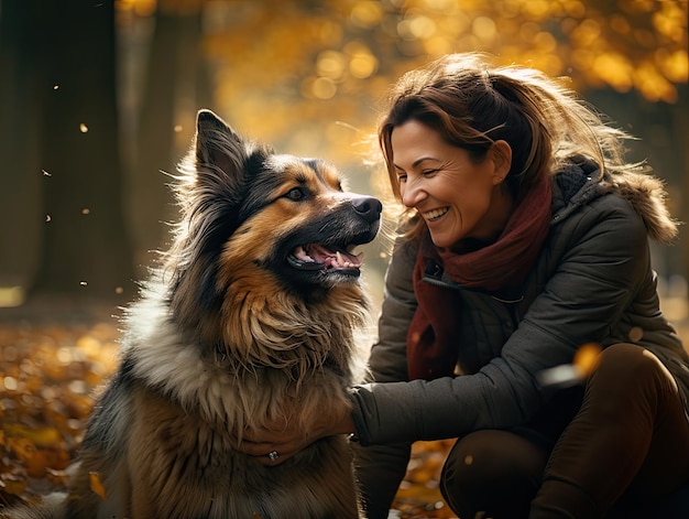 Donna di mezza età sorridente accanto al suo cane nel parco