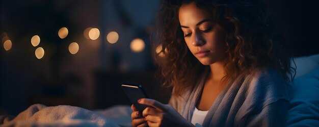 Donna disimpegnata sdraiata a letto che fissa il telefono che combatte il disturbo del sonno concetto disturbi del sonno insomnia tecnologia dipendenza salute mentale cura di sé