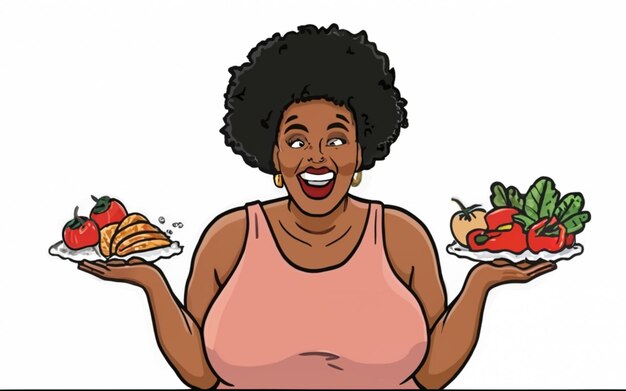 Donna divertente presenta insalata di verdure in stile cartone animato