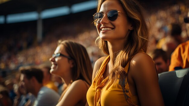 donna e altre persone allo stadio che applaudono la loro squadra I tifosi si rallegrano della vittoria