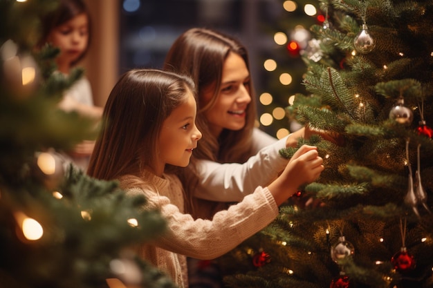 Donna e bambini che decorano l'albero di Natale