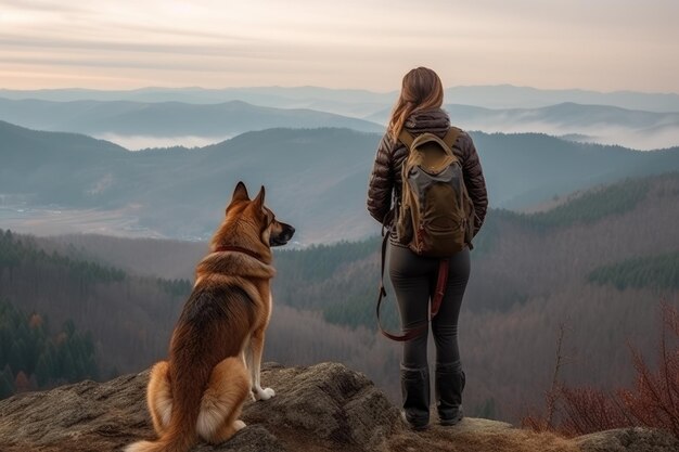 Donna e cane in piedi sulla cima di una montagna IA generativa