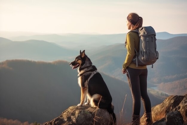 Donna e cane in piedi sulla cima di una montagna IA generativa