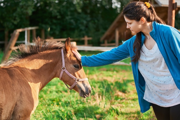 Donna e cavallo in un momento di terapia Ragazza e cavallo condividono una connessione terapeutica