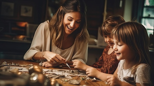 Donna e due bambini che esaminano insieme il puzzle nel soggiorno Festa della mamma