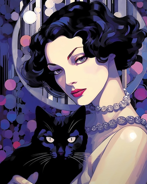Donna e gatto nero nello stile di Patrick Nagel