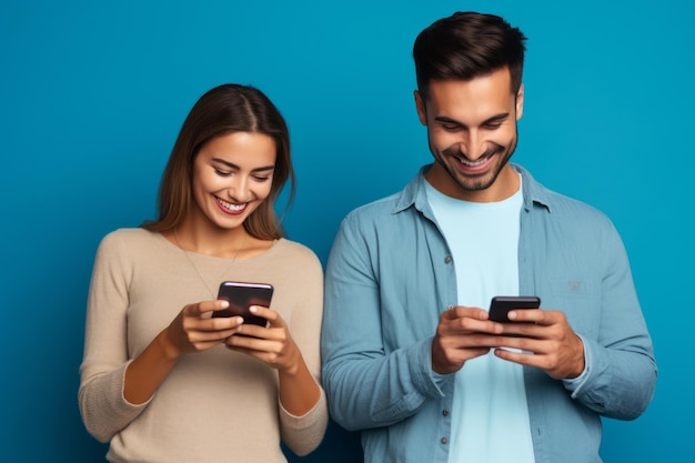 donna e uomo con il telefono su sfondo blu