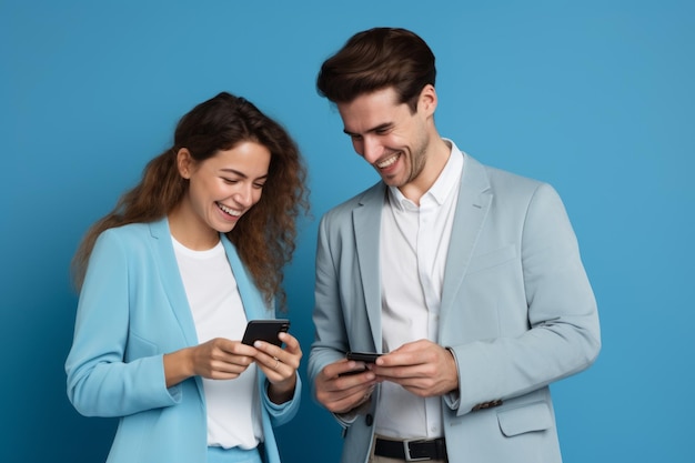 donna e uomo con il telefono su sfondo blu