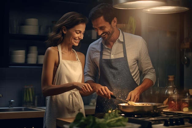 Donna e uomo felici che cucinano e preparano il cibo in cucina con l'IA generativa