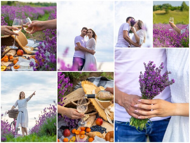 Donna e uomo insieme in un collage di campo di lavanda Messa a fuoco selettiva