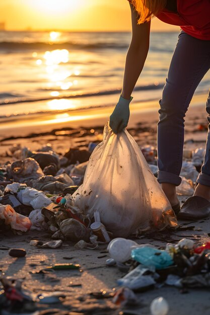 Donna eco-consapevole che pulisce i rifiuti sulla spiaggia sabbiosa durante un tramonto mozzafiato AI generativa