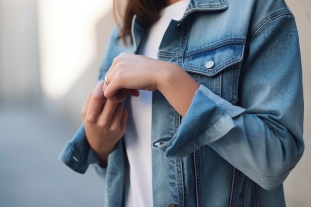 Donna elegante che indossa una giacca di jeans blu Dettagli di abiti casuali alla moda