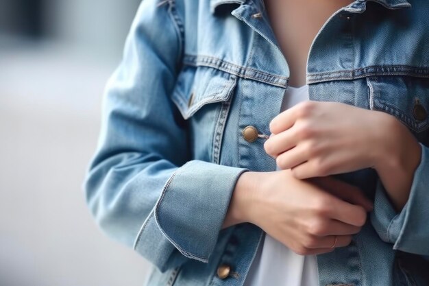 Donna elegante che indossa una giacca di jeans blu Dettagli di abiti casuali alla moda