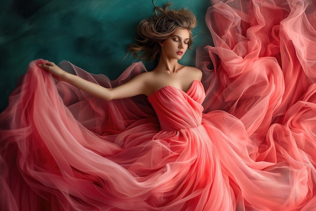 Donna elegante che modella senza sforzo un splendido vestito rosa in un ritratto unico