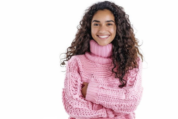 Donna elegante con le braccia piegate che indossa un abito a maglia rosa