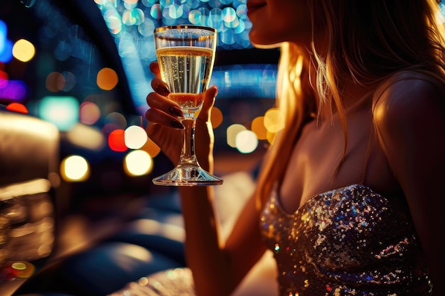 Donna elegante con lo champagne in limousine