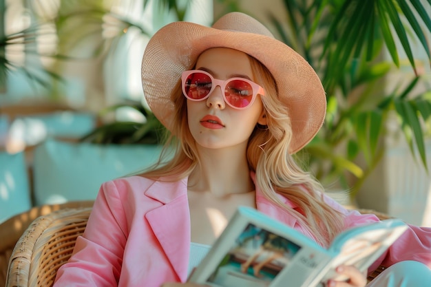 Donna elegante con un blazer rosa e un cappello da sole che si rilassa su una sedia di vimini che si diverte a leggere una rivista in un ristorante tropicale