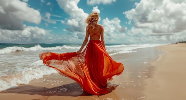 Donna elegante con un vestito rosso fluente sulla spiaggia