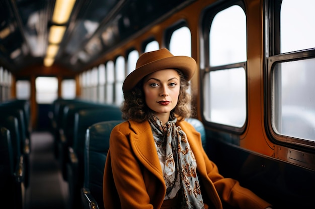 Donna elegante degli anni '40 con cappello e giacca in treno