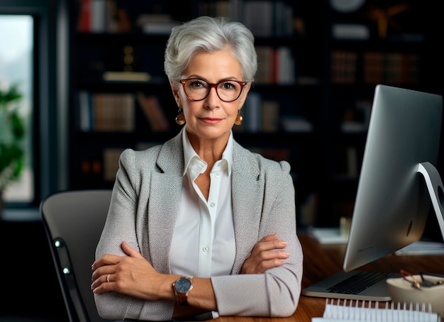 Donna elegante di 50 anni con capelli bianchi e giacca con le braccia incrociate in una posa aziendale