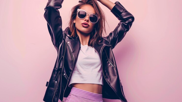 Foto donna elegante e sicura con giacca di pelle e occhiali da sole che posa contro una parete bianca