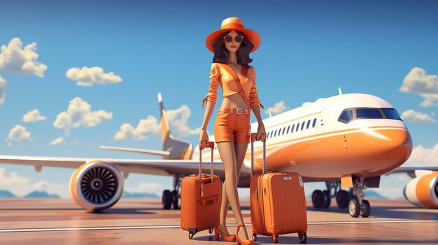 Donna elegante in abito chic con i bagagli pronti a salire su un jet privato