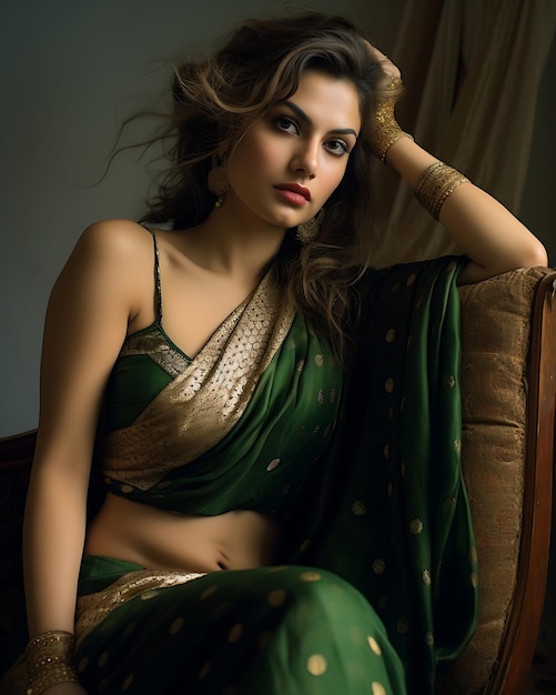 Donna elegante in saree verde con acconciatura e gioielli glamour