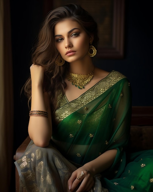 Donna elegante in saree verde con acconciatura e gioielli glamour