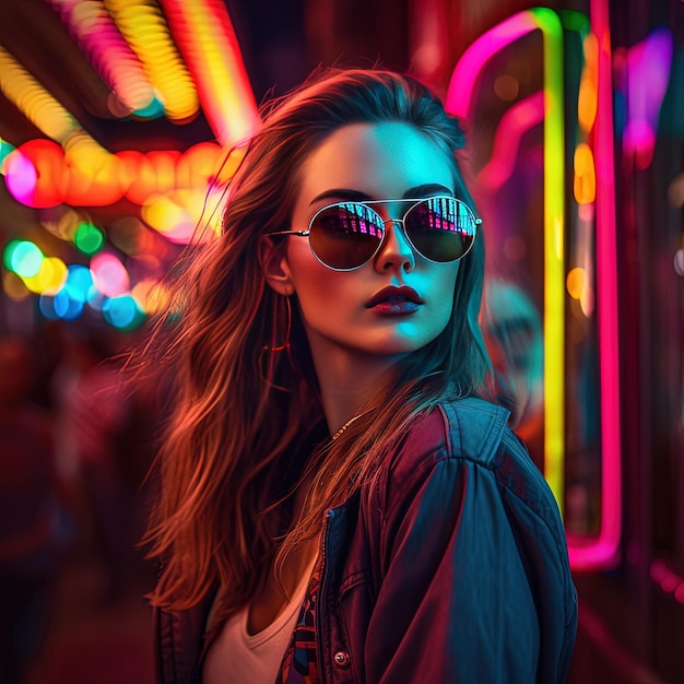 Donna elegante in un nightclub con occhiali alla moda illuminata scena notturna