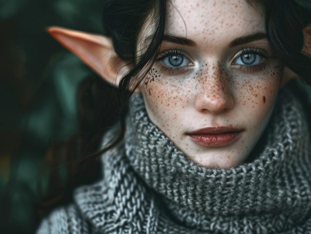 Donna elfo mistica con occhi affascinanti in un maglione accogliente