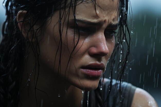 Donna emotiva sotto la pioggia Scena drammatica intensa Ideale per la narrazione e i concetti di umore