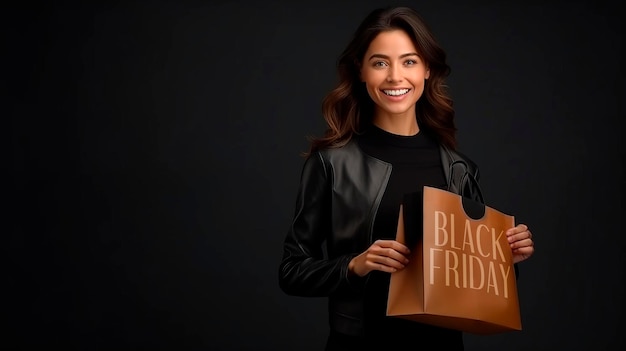 Donna emozionante felice che tiene un sacchetto di carta dello shopping del Black Friday