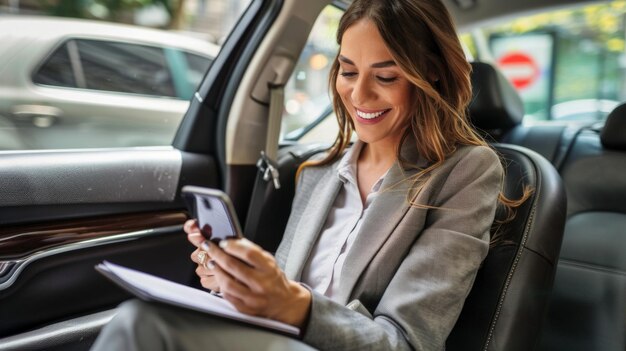 Donna esecutiva sorridente che usa un telefono cellulare seduta sul sedile posteriore dell'auto