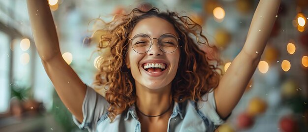 Donna estasiata che celebra il successo in mezzo ai confetti concetto celebrazione del successo donna confetti gioia